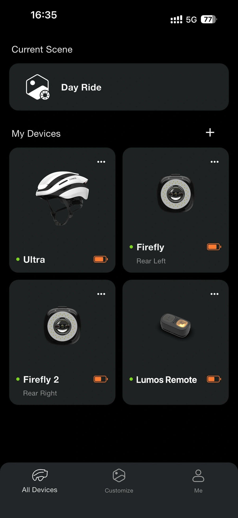 Lumos app Day Ride scene with helmet, Firefly lights and Lumos Remote