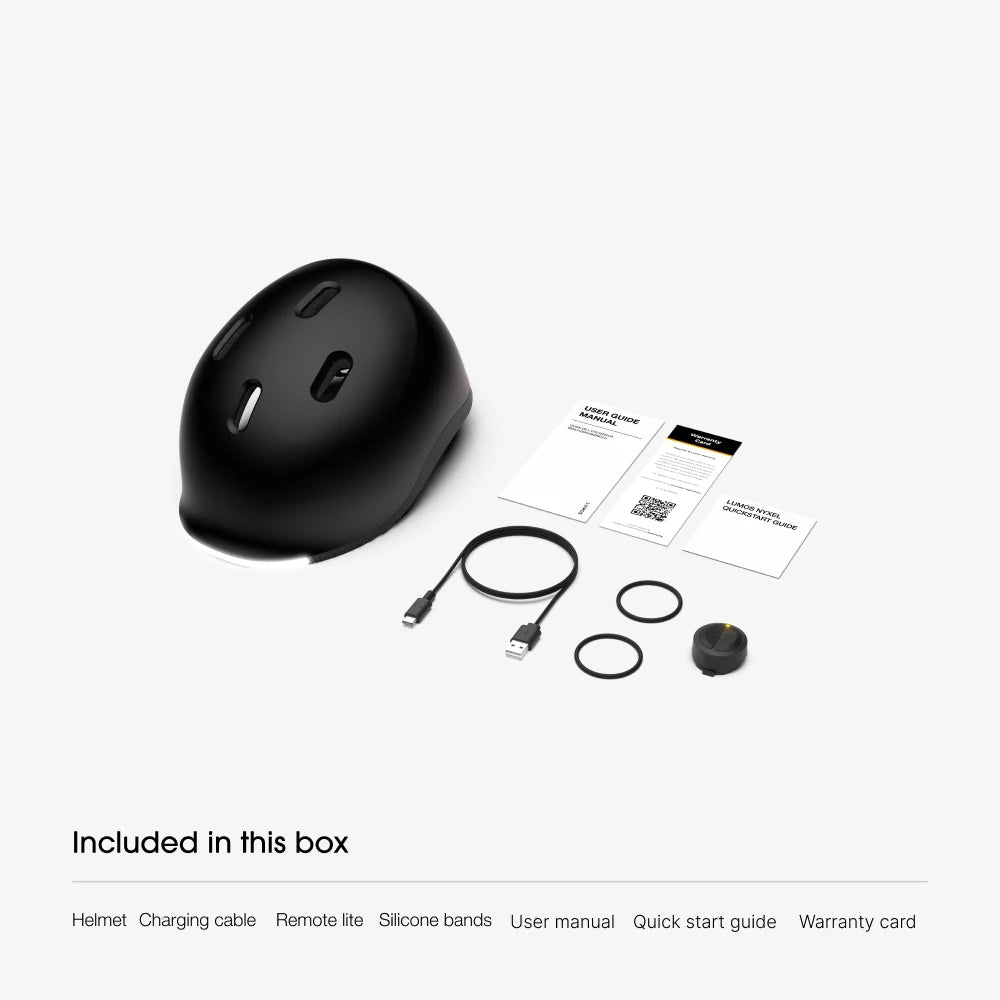 Contenu de la boîte : casque Lumos Nyxel, câble de charge USB-C, Remote Lite, 2 bandes en silicone, manuel d'utilisation, guide de démarrage rapide et carte de garantie