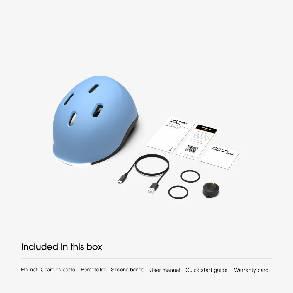 Contenu de la boîte : casque Lumos Nyxel, câble de charge USB-C, Remote Lite, 2 bandes en silicone, manuel d'utilisation, guide de démarrage rapide et carte de garantie