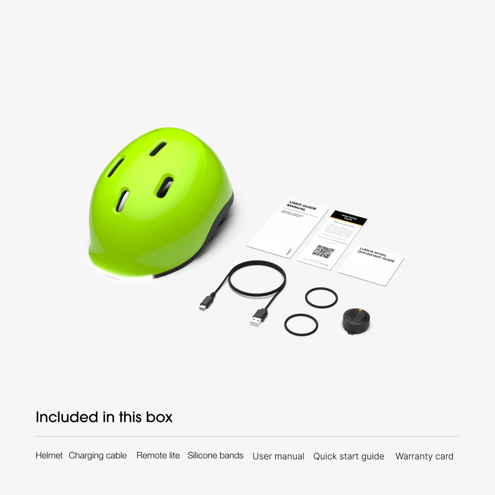 Contenu de la boîte : casque Lumos Nyxel, câble de charge USB-C, Remote Lite, 2 bandes en silicone, manuel d'utilisation, guide de démarrage rapide et carte de garantie