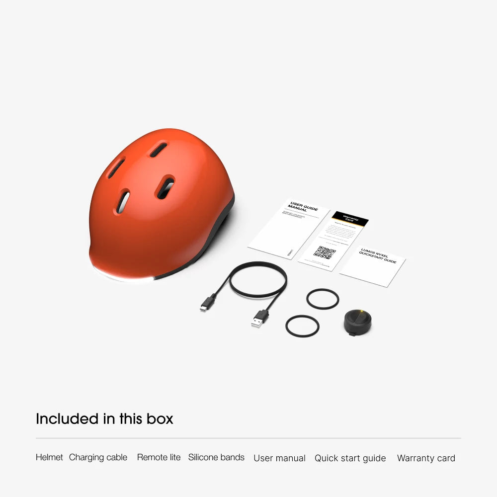 Contenu de la boîte : casque Lumos Nyxel, câble de charge USB-C, Remote Lite, 2 bandes en silicone, manuel d'utilisation, guide de démarrage rapide et carte de garantie
