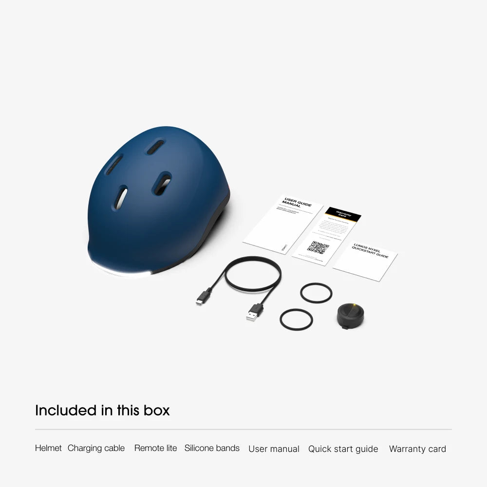 Contenu de la boîte : casque Lumos Nyxel, câble de charge USB-C, Remote Lite, 2 bandes en silicone, manuel d'utilisation, guide de démarrage rapide et carte de garantie
