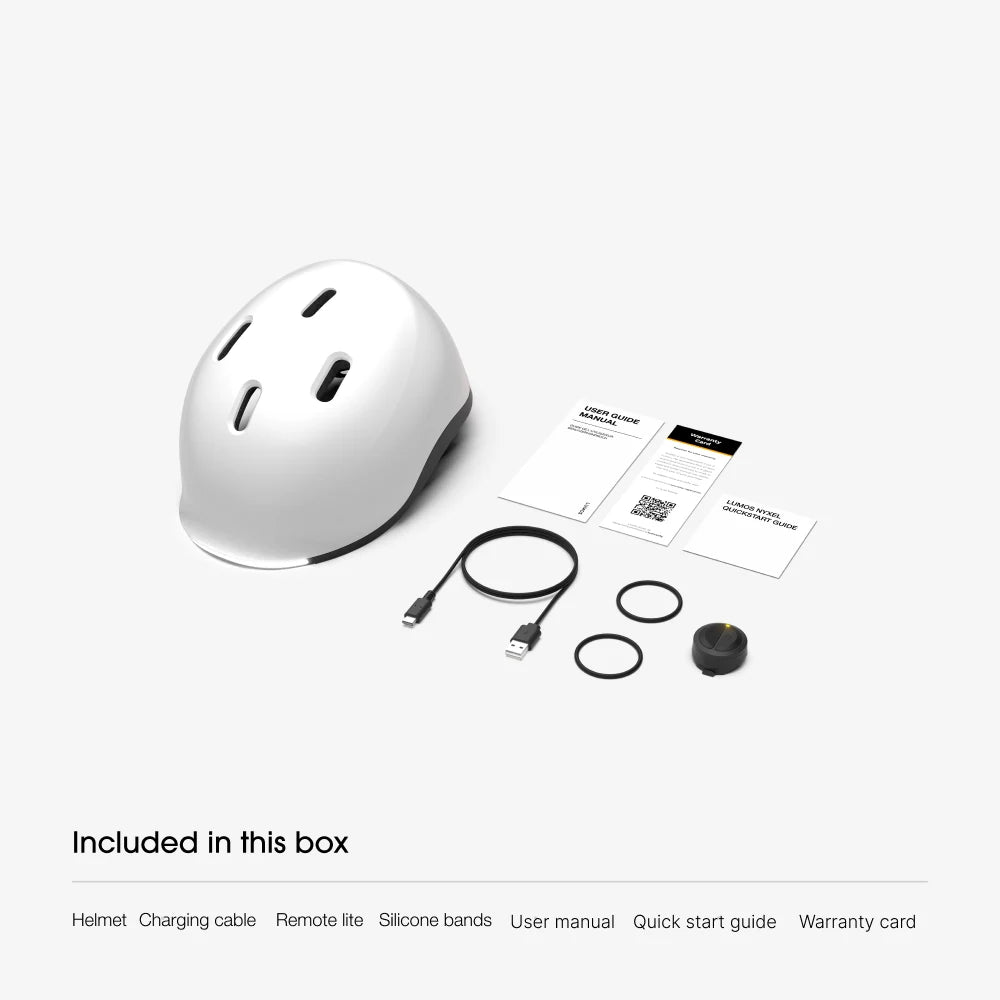 Contenu de la boîte : casque Lumos Nyxel, câble de charge USB-C, Remote Lite, 2 bandes en silicone, manuel d'utilisation, guide de démarrage rapide et carte de garantie